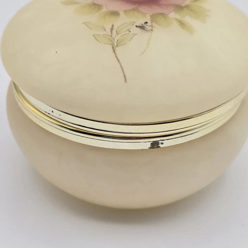 Vintage Genuine Alabaster Hand Carved Floral Trinket Box Made In Italy